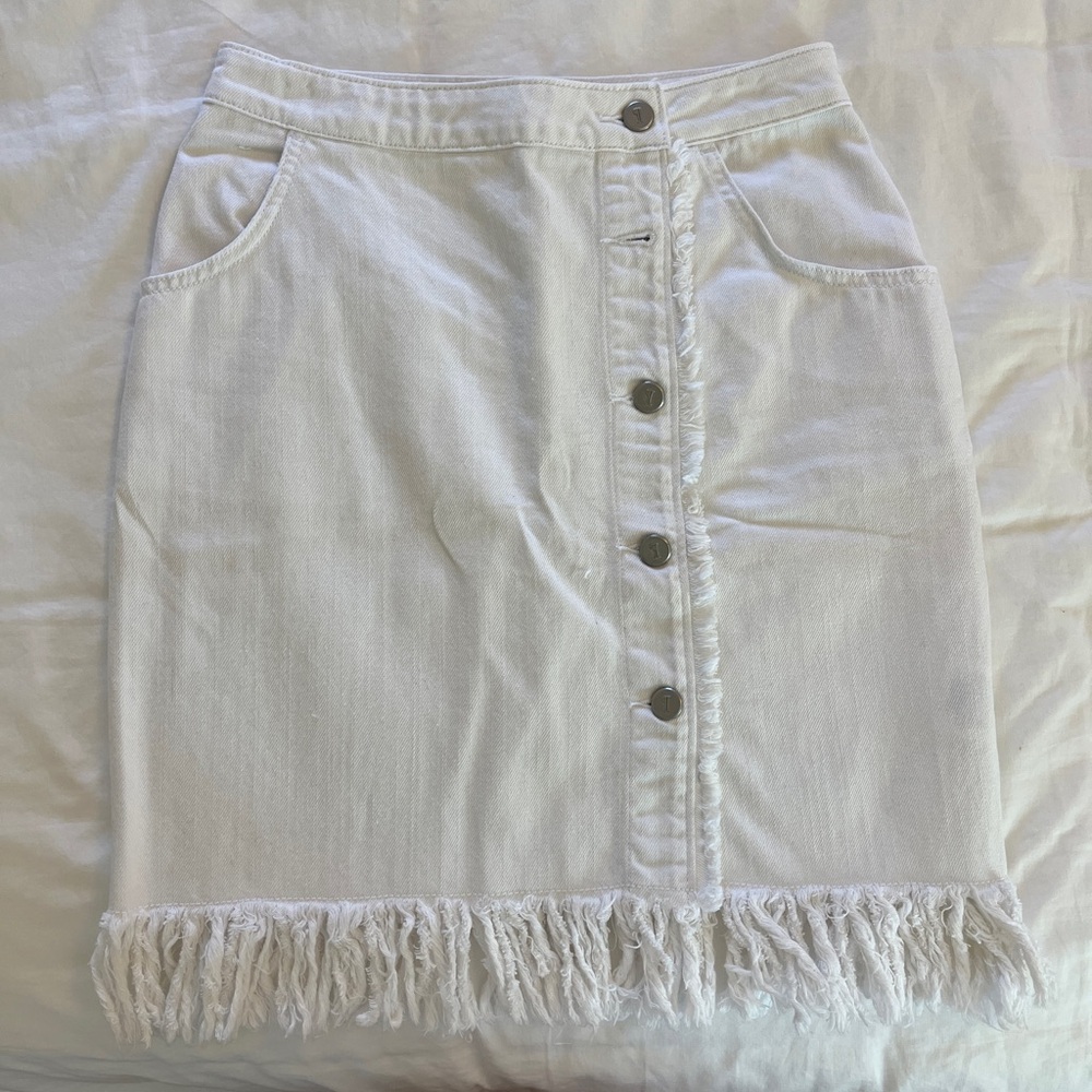 Anthropologie White Fringed Button-Front Pencil Skirt